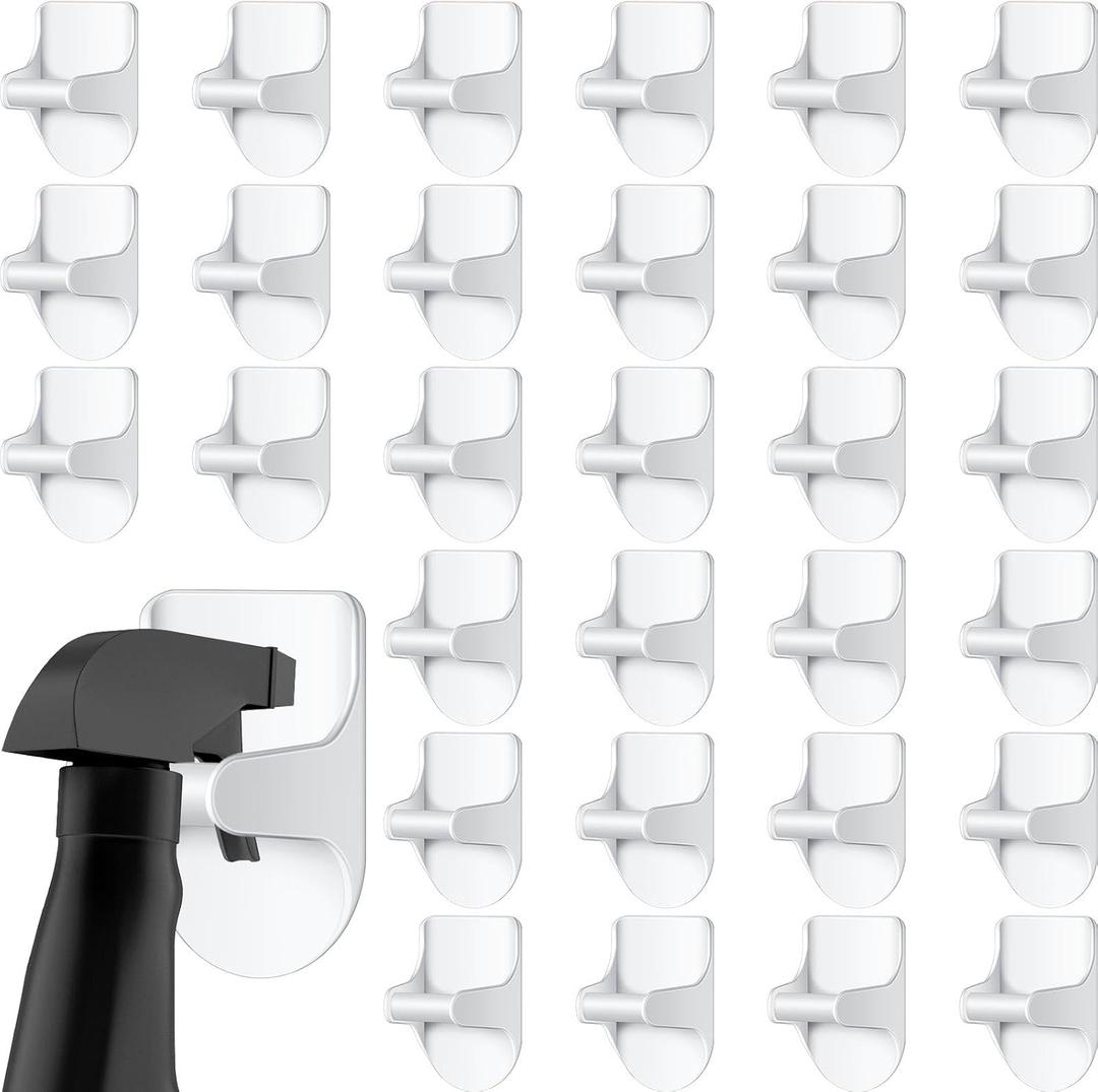 Taiyin 8 Pcs Wall Mount Spray Bottle Hooks Holder Spray Bottle Hanger Adhesive Hook to Create Storage Space Rack Organizer Hanger for Cabinet Kitchen Variety Surfaces (White)
