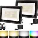 L LOHAS LED 150W Flood Light Outdoor, RGB Landscape Lighting with Remote Control, Timing - 2700K/4500K/6500K - Color Changing for Patio Backyard Step Wall, IP66, US 3-Plug, UL Listed (2 Pack)