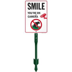 SmartSign 'Smile You're On Camera' Yard Sign with No Dog Poop Symbol - 7" x 10" Sign with Sturdy Stake, 40 mil Aluminum Sign, 21-inch Tall Sign/Stake Kit, Green/Black/White, USA-Made