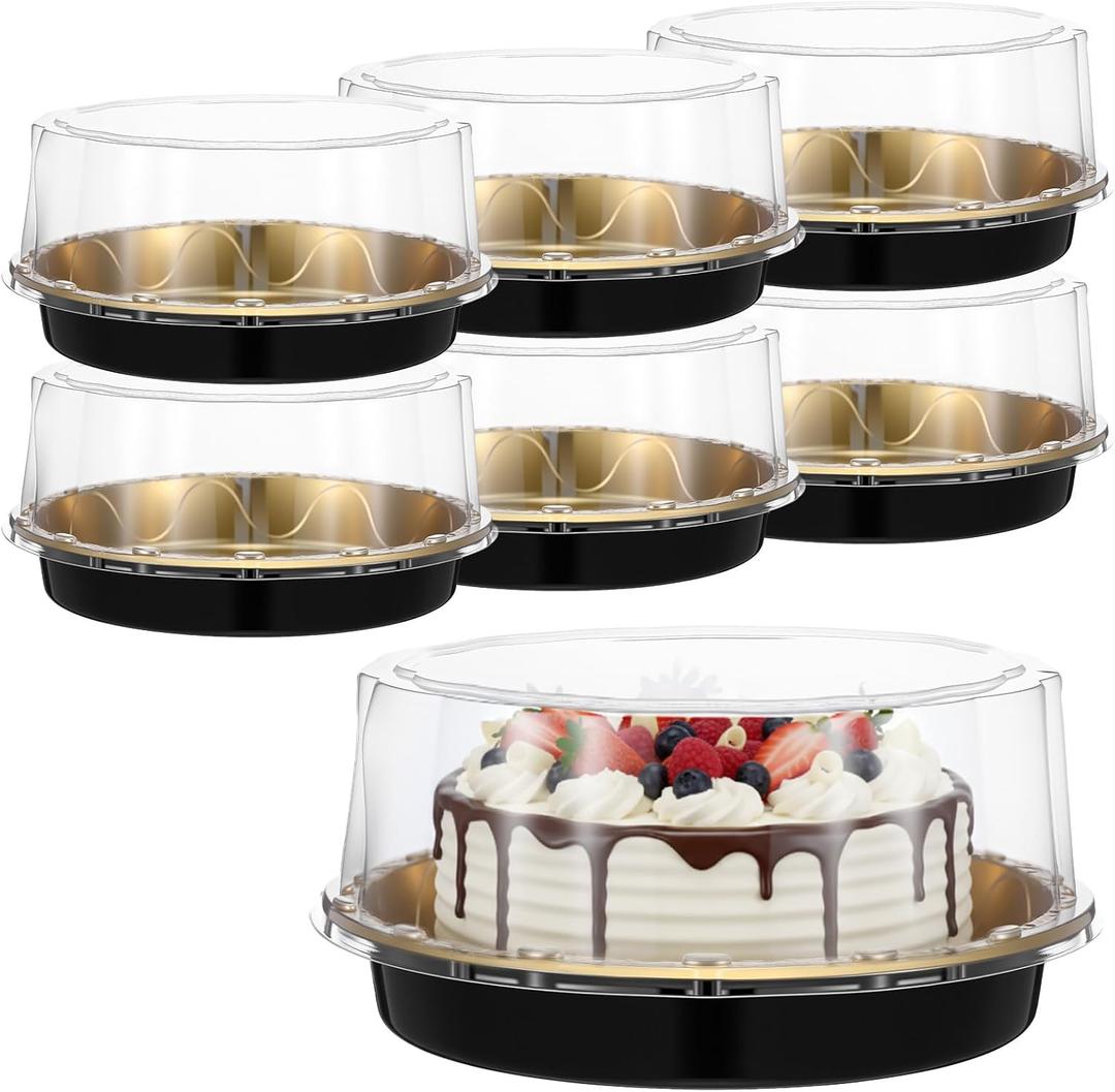MAQUITA 6 Pack Round Clear Gold Carriers for Transport Plastic Disposable Cake Containers Carriers with Dome Lids and Boards Clear Bundt Boxes (9.5 inch)