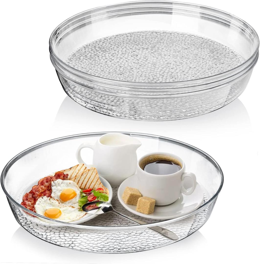 Lyellfe 4 Pack Clear Serving Tray, 12 Inch Round Plastic Platter, Deep Spill Proof Tray for Coffee Table, Decorative Perfume Tray for Bathroom, Ottoman, Vanity