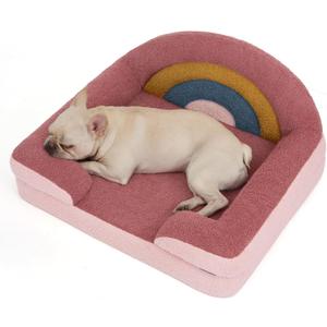 Blissful Diary Foam Dog Bed Medium Size, Pet Sofa with Washable Cover and Waterproof Liner, Soft Teddy Plush with Rainbow Design (Rusty Red) (26''L22''W13''Th)