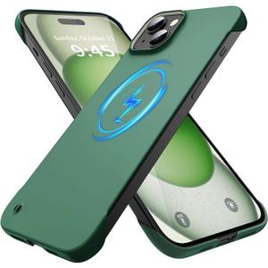 Magnetic Slim Case Fit for iPhone 15 Plus Phone Case 6.7"(2023) Ultra-Thin Lightweight Durable Frameless Matte Hard MagSafe Cover Case with Pull Ring Shockproof Non Slip Rope-Dark Green
