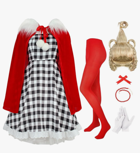 7Pack Christmas Red Costume Kids Girls Christmas Dress with Wig Long Blonde Braid with Red Beads Necklace Bow, Size 140