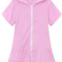 LUCKYGAL Girls Swim Cover Up Kids Swimsuit Coverup Terry Zip-Up Beach Bathing Suit Wraps with Sunglasses (6-7 Years, Pink)
