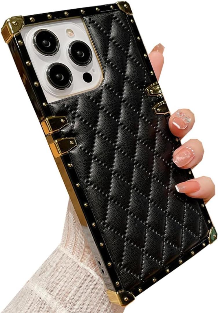 Changjia for iPhone 16 Pro Max Cute Case for Women,Luxury Golden Decoration Corner Soft TPU Bumper Elegant Shockproof PU Leather Back Girls Protective Phone Case for iPhone 16 Pro Max 6.9 Inch (Black)