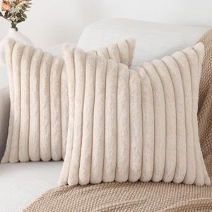 Pallene Faux Fur Plush Throw Pillow Covers 20x20 Set of 2, Luxury Soft Fluffy Striped Decorative Pillow Covers for Sofa, Couch, Living Room, Apricot