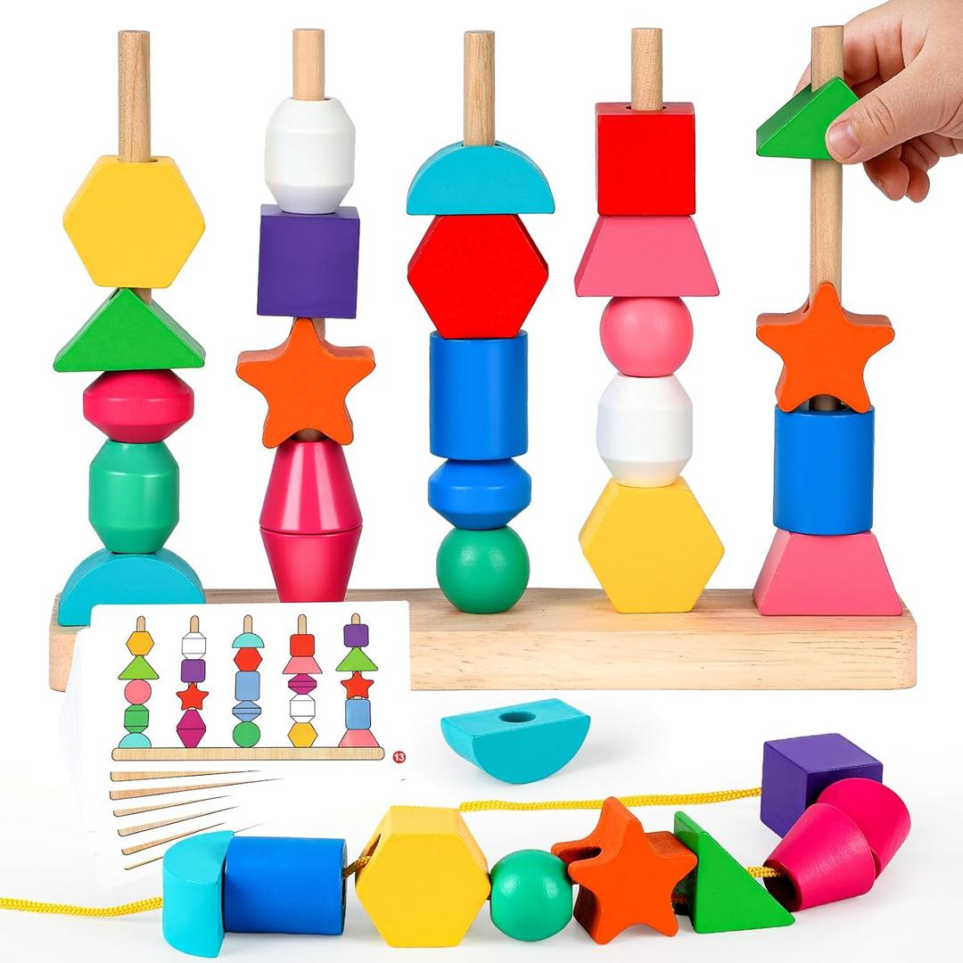 Montessori Wooden Threading Beads Set for Toddlers 3 4 5, Bead Sequencing & Stacking Toy with Pattern Cards, Lacing Beads, Shape Matching Stacker, Fine Motor STEM Learning Gift