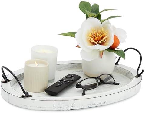Oval Wood Serving Tray with Handles - Rustic White Decorative Platter for Coffee Table Decor, Living Room, and Farmhouse Decor - 16 x 11 x 2 in