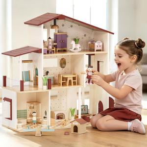 Lehoo Castle Wooden Dollhouse for Girls, Doll House with 5 Rooms DIY Play, 25"H x 23"L x 10"W