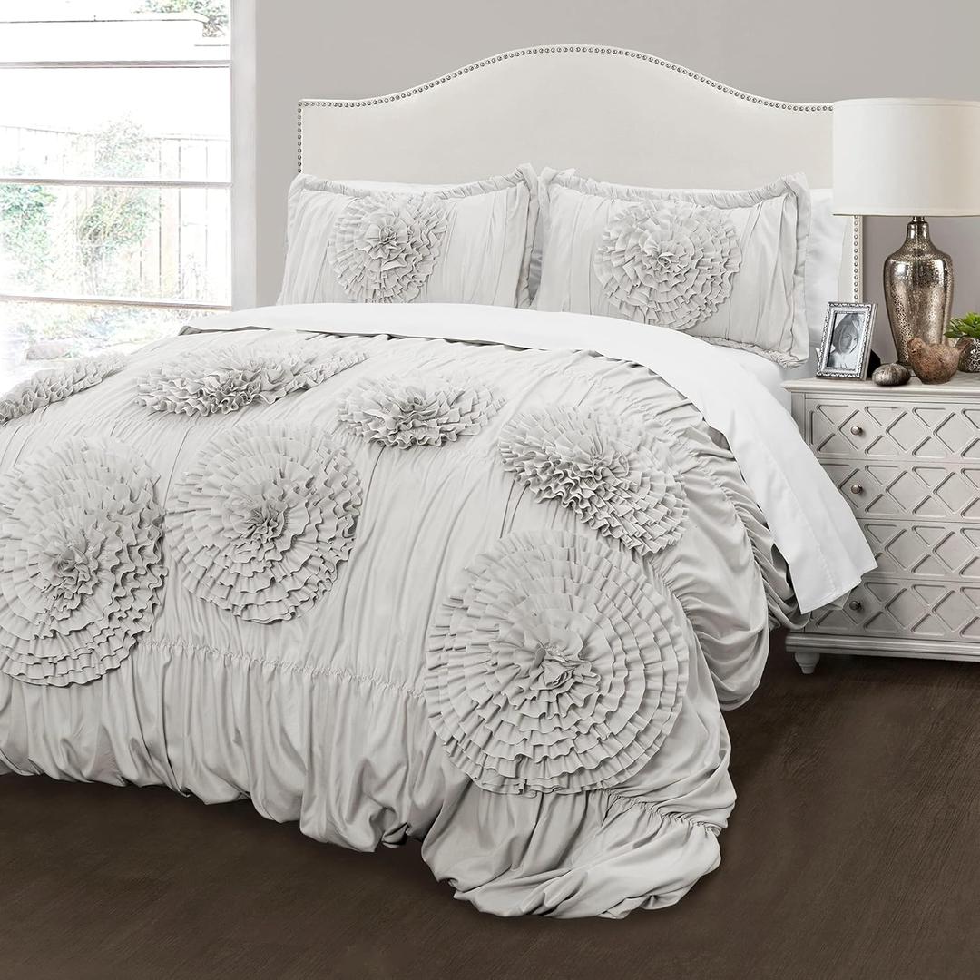 Lush Decor Serena Comforter Set, 3 Piece Set, Full/ Queen, Light Gray - Cute Comforter - Queen Bedding Set - Gray Comforter Queen Size - Coquette Decor