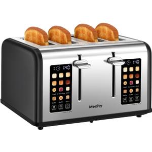 Mecity 4 Slice Toaster with Touch Screen Control, 4 Wide Slots, Stainless Steel Smart Bread Toaster for Bagels, Muffins, Waffles, Dual Control Panel, Timer, Defrost, Reheat, 120V 1650W, Matt Black