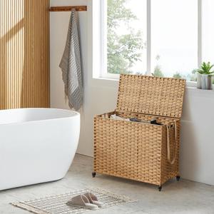 Laundry Hamper with Wheels, 52.8 Gallon(200L) Rolling Laundry Basket with Lid, Removable Large 3 Color Liners & 3 Mesh Laundry Bags, Clothes Hamper with Side Pocket, Natural (200L31.5x15.75x25.6 Inches)