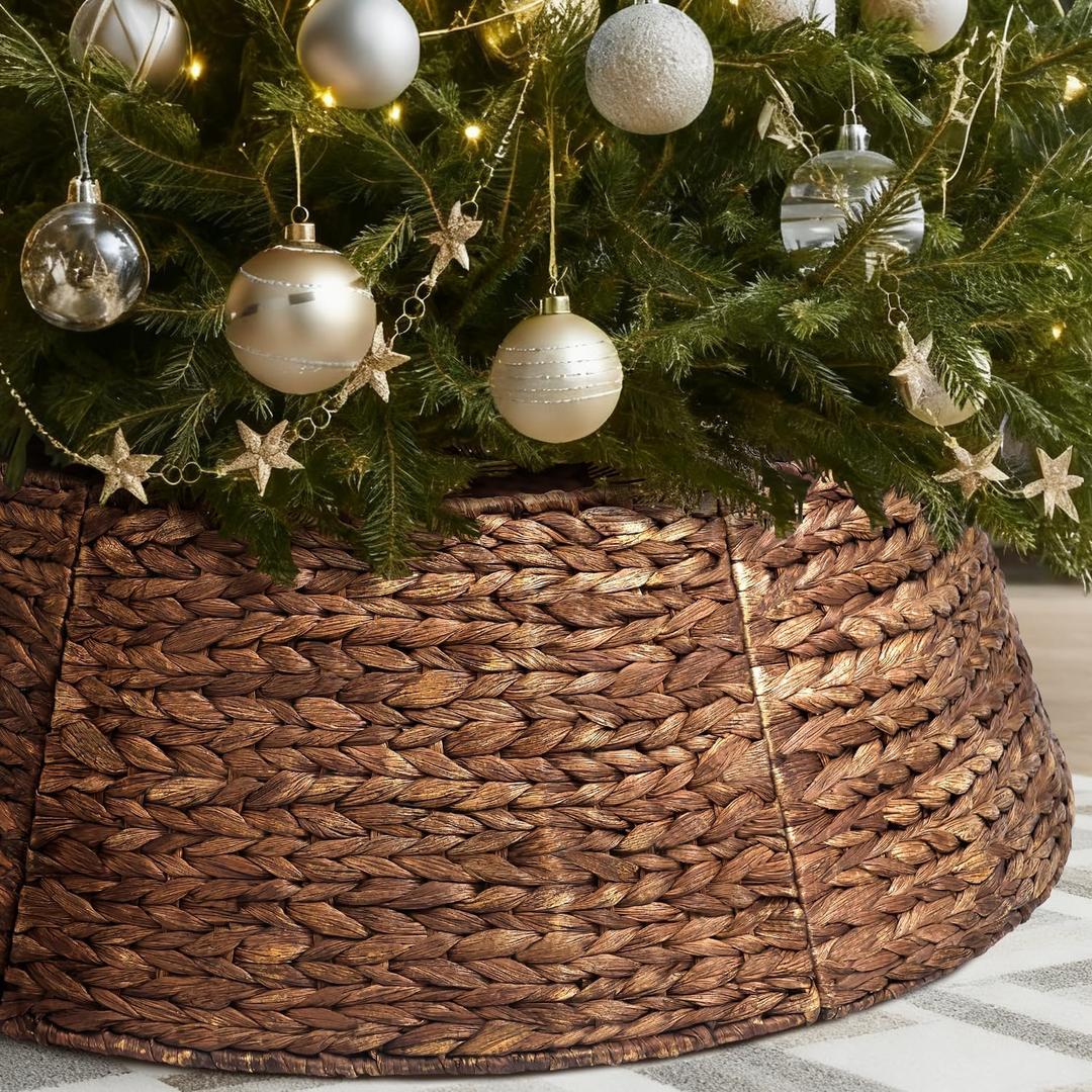 8-Piece Rattan Christmas Tree Collar - 42" Rustic Farmhouse Tree Skirt- Xmas Tree Base Cover for Christmas Decoration- Woven Holiday Tree Ring Accessory for Home, Living Room (Brown, 42 in)
