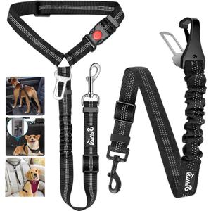 Lukovee Dog Seatbelt Leash for Cars, 2 Pack Pet Safety Car Seat Belt with Adjustable Buckle & Reflective Bungee, Connect Dog Harness in Vehicle Car Dogs Restraint Travel Daily Use (Black)