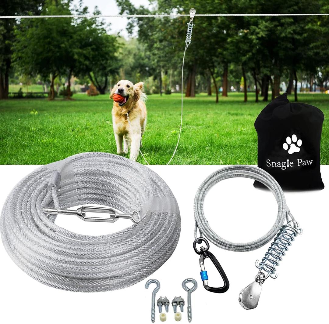 Dog Tie Out Runner for Yard, Trolley System for Large Dogs, Heavy Duty Dog Run Cable Lead 50ft with 10ft Pulley Runner Line for Small Medium and Large Dogs Up to 250lbs Running Outside Yard or Camping