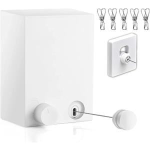 Retractable Clothesline Clothes Line Retracting Outdoor/Indoor, Heavy Duty Stainless Steel Adjustable Drying Rope Wire Dryer with ABS case+Aluminum, Self Adhesive Wall Mount 13.8 Feet White