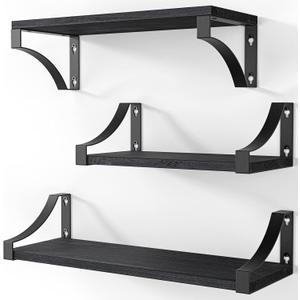 AMADA HOMEFURNISHING Floating Shelves Wall Mounted Set of 3, Rustic Wood Wall Shelves for Bedroom/Bathroom/Living Room/Kitchen/Laundry Room Storage & Decoration, Black