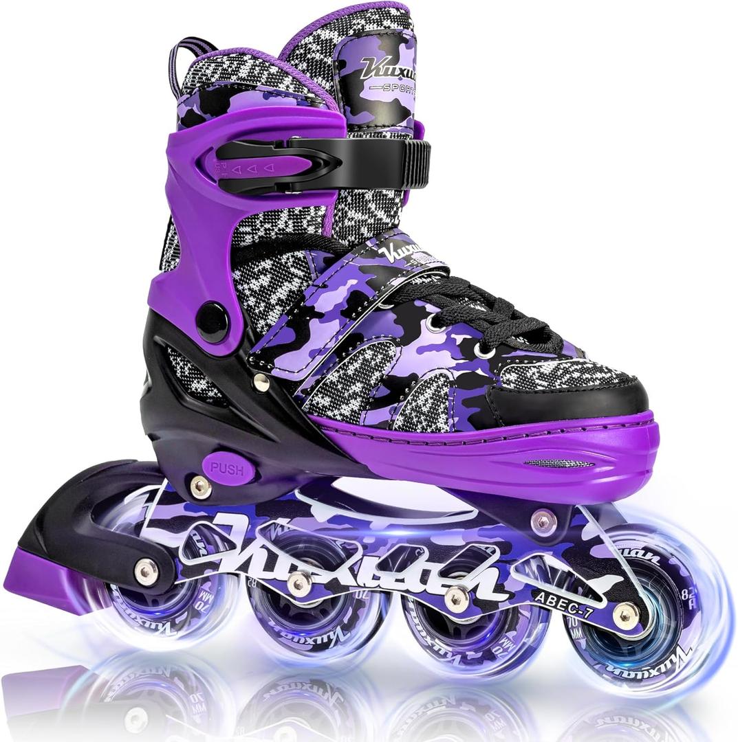 Kuxuan Boys Adjustable Inline Skates with Light up Wheels, Fun Illuminating Skates for Kids Girls Youth (X-Large(Adult 8-10 US), Purple)
