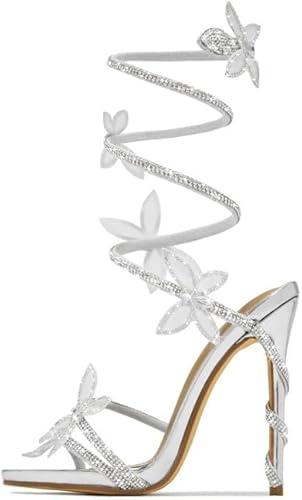 sexytag Diamante Heels Butterfly Wrap Around Strap Fantasy Rhinestone Sparkly Stiletto Heel Sandals, Size 7