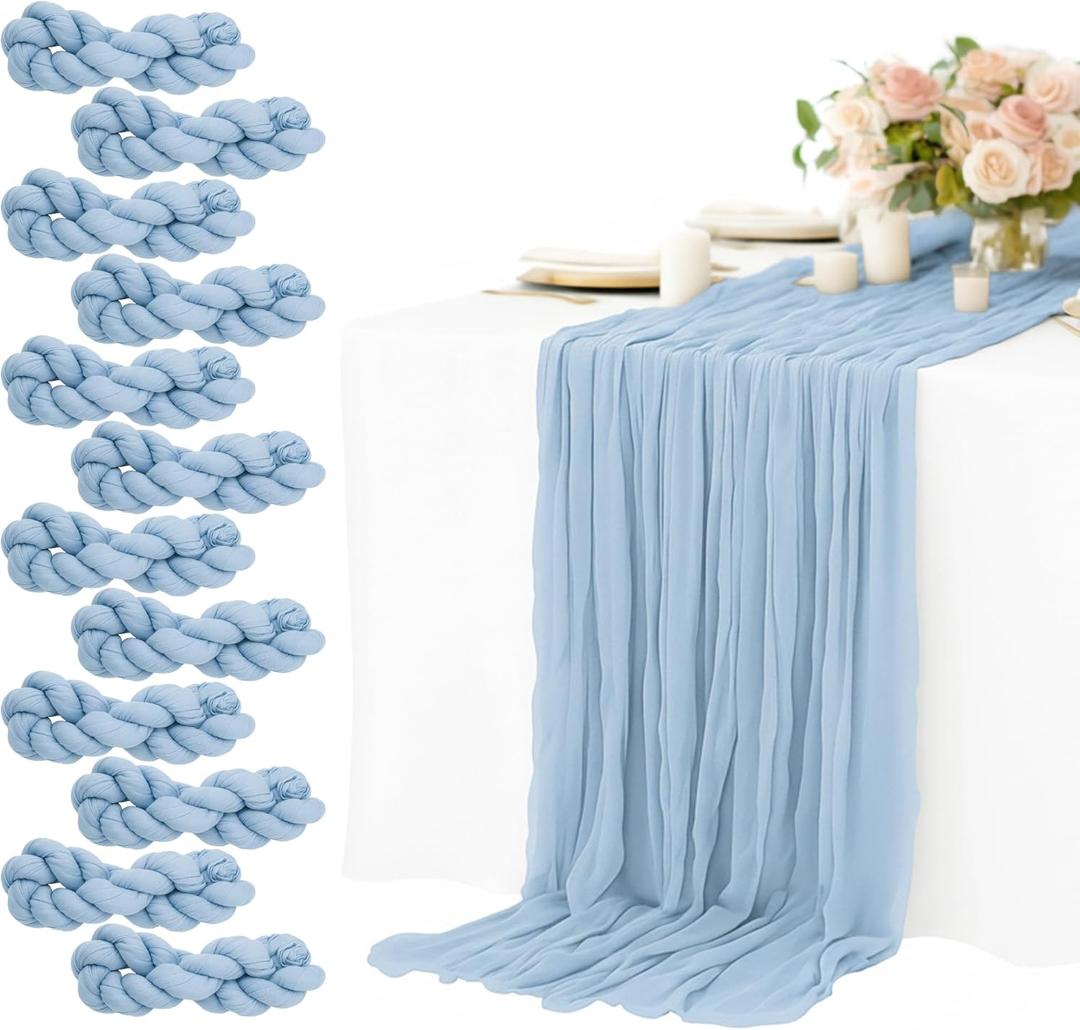 12 Pack Dusty Blue Cheesecloth Table Runners 10FT Long – 35 x 120 Inch Boho Gauze Table Runners for Engagement, Wedding, Baby Shower & Home Decor – Soft Wrinkled Polyester Fabric