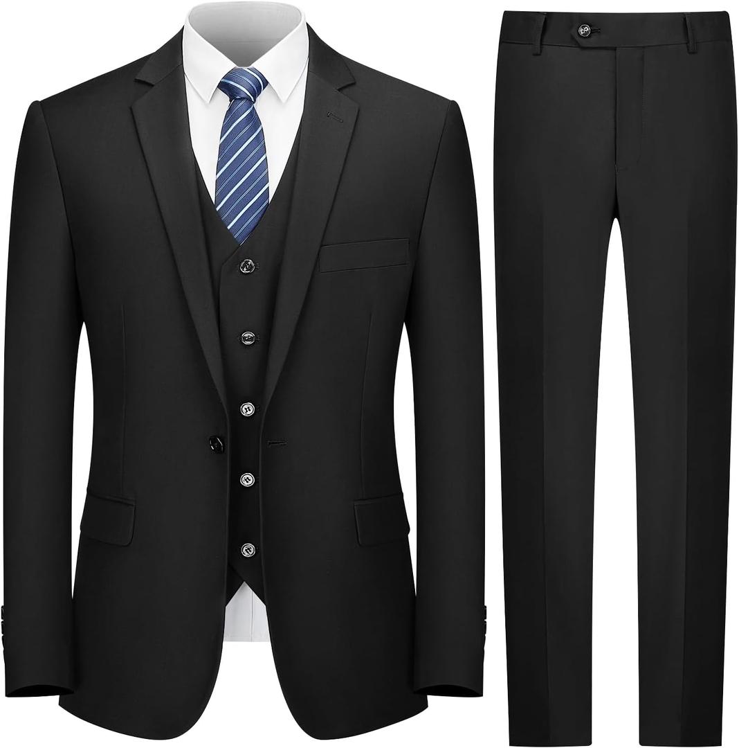 Cooper & Nelson Men's Suit Slim Fit, 3 Piece Suits for Men, One Button Solid Jacket Vest Pants with Tie, Tuxedo Set (Large, Black)