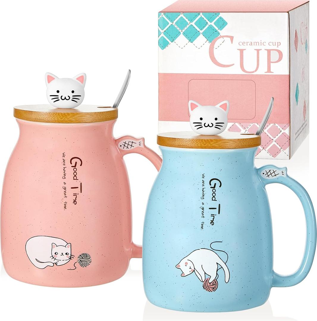 Cunhill 2 Pack Cute Cat Mugs - Cat Couple Mug Set with Lid, Ceramic Tea Cups with Lovely Kitty, Stainless Steel Spoon, 420 ml