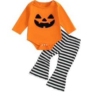 Baby Girl Halloween Clothes Set Long Sleeve Funny Pumpkin Embroidery Top Stripe Flare Pants Fall Outfit Infant (12-18 Months, Orange)