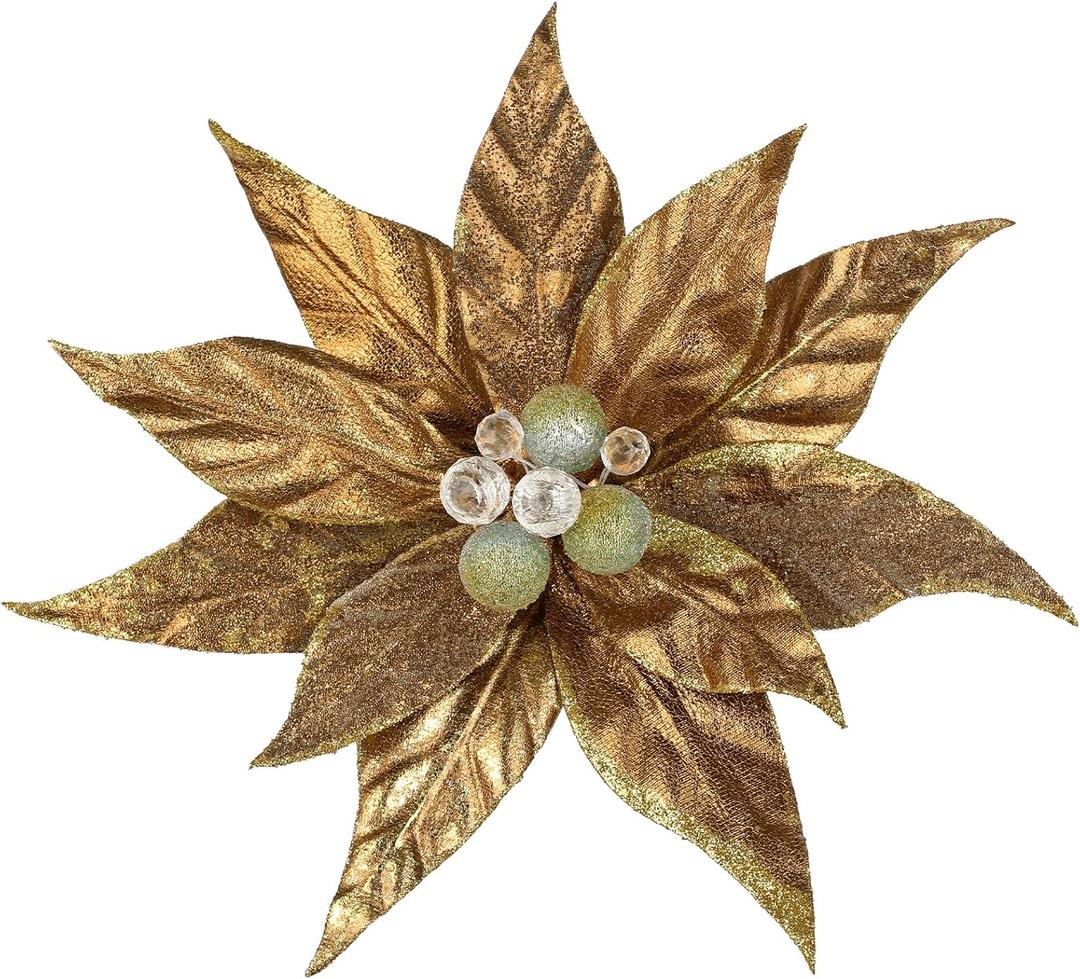 DILATATA 3 Pcs Artificial Christmas Flowers 13 Inch Glitter Poinsettia Picks Christmas Tree Ornaments Topper Decorations Bronze Poinsettias Flowers for Xmas New Year Wreath Garland Wedding Home Decor (Style 2-bronze)
