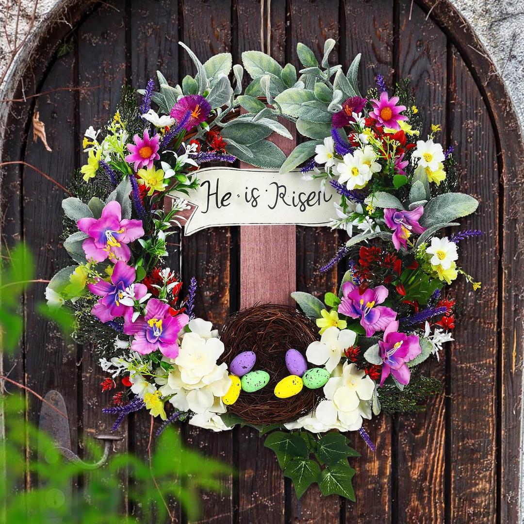 Panelee 18 Inch Easter Wreath for Front Door Cross Wreath Christian Easter Hanging Decorations He Is Risen Religious Artificial Lilies Lavender Eggs Grape Vines Sign for Spring Home Wall Door(Elegant)