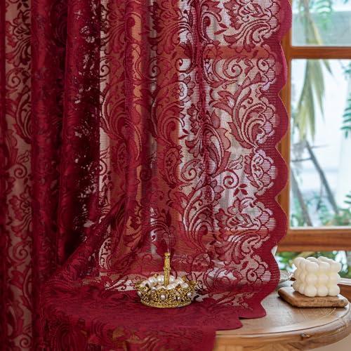 ALIGOGO Burgundy Sheer Curtains 63 Inch Length 2 Panels, Victorian Floral Red Lace Curtains for Bedroom, Embroidered Privacy Rod Pocket Scalloped Burgundy Home Décor, 52W x 63L Inch, Dark Red
