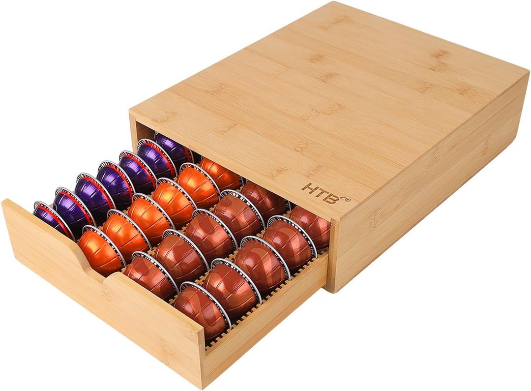 HTB Coffee Pods Storage Drawer for Organizing Nespresso Capsules, Can Be Used In Coffee Station, Kitchen, Home, Office, Holds 40 CoffeePods (1.Bamboo-Nespresso/32~48 Pods)