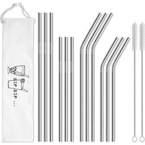 Hiware 12-Pack Reusable Stainless Steel Metal Straws with Case - Long Drinking Straws for 30 oz and 20 oz Tumblers Dishwasher Safe - 2 Cleaning Brushes Included (Silver)