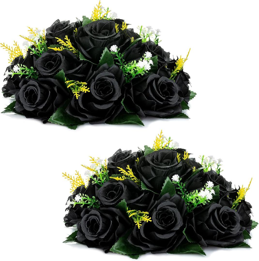 NUPTIO Black Artificial Roses Flowers: Fake Flower Bouquet Halloween Decorations - 15 Heads Artificial Rose Centerpieces with Base for Gothic Wedding Party Table Decor 2 Pcs