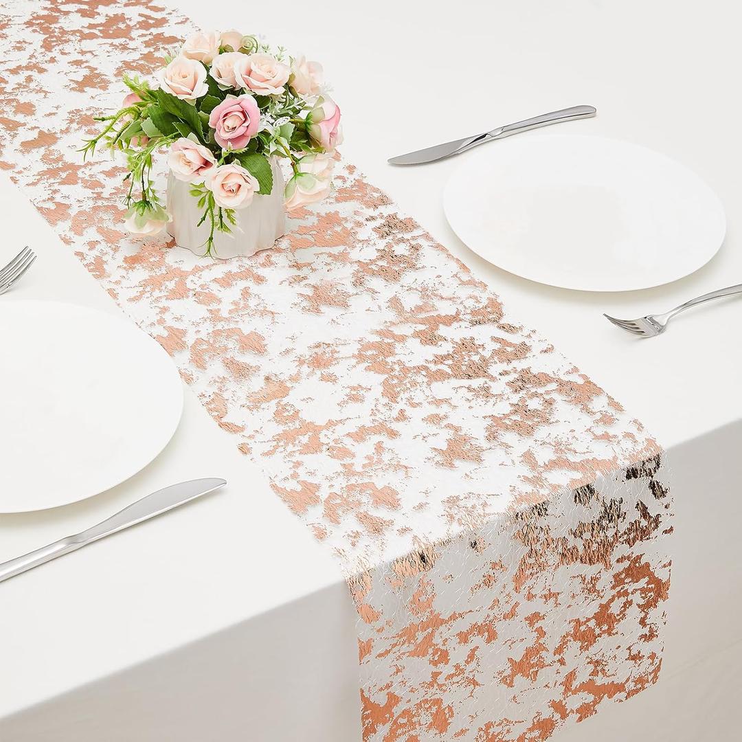 2 x Rose Gold Glitter Table Runner - 11'' x 30 Feet, Metallic Mesh for Wedding, Bridal Shower, Baby Shower & Party Decorations