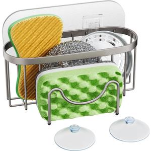 HapiRm Multifunctional Kitchen Sponge Holder with Unique M-Shaped, 2 Installation Ways Sink Caddy, Stainless Steel Kitchen Organizer for Sponge, Brush, Sink Stopper and Scraper -Brushed Nickel