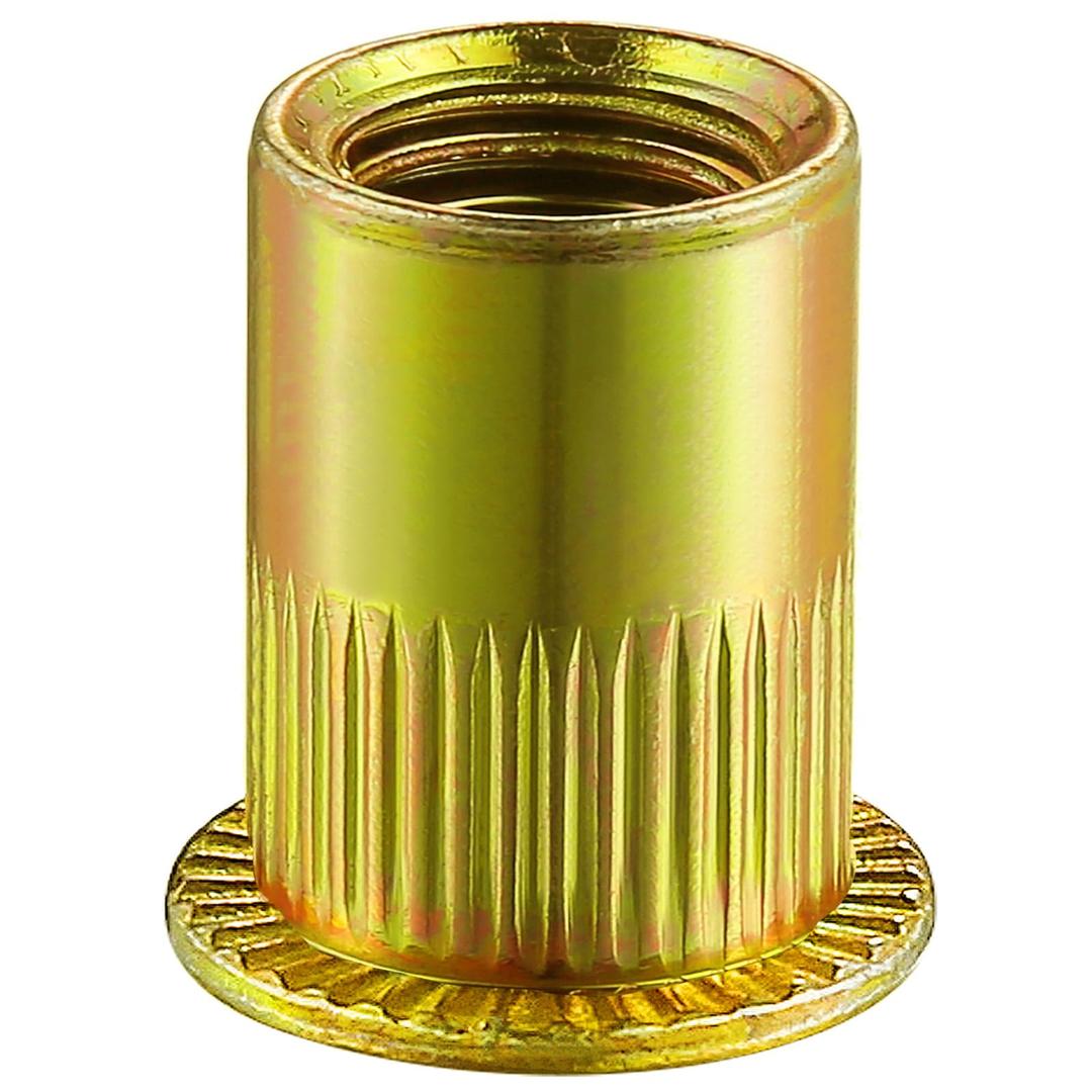 Wensilon 200Pcs Rivet Nut 1/4-20UNC Yellow Zinc Plated Finish Flat Head Rivnut Threaded Insert Nut Knurled Body