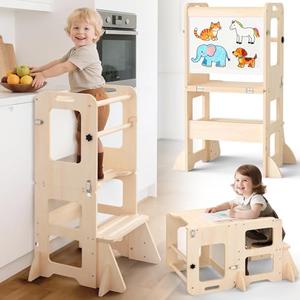 4-in-1 Toddler Kitchen Step Stool, Foldable Learning Standing Tower with Whiteboard, Wooden Kitchen Stool Helper for Kids, 1-3 Year Old Boy Girl Gifts