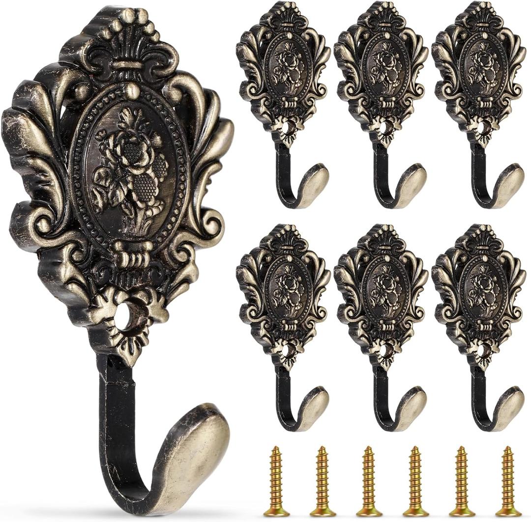 6 Pack Vintage Curtain Tiebacks Hooks Cast Iron Wall Decorative Coat Hooks Rose Pattern Carved with Screws for Towels, Curtains, Coats, Clothes, Keys, Bags in Bedroom, Bathroom(Bronze)