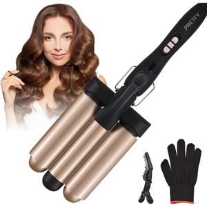 3 Barrel Curling Iron Wand, 1.25 Inch Ceramic Tourmaline Triple BarrelsTemperature Adjustable Portable Crimper Hair Iron for Beach Waves, Hair Waver Heats Up Quickly with LCD Temp DisplayRose Gold