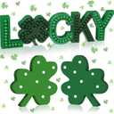 Yerliker 3 Pcs St. Patricks Day Decorations Wooden Shamrock Table Decoration Lucky Letters Beaded Table Centerpiece Green Lucky Shamrock wood Sign for Irish Home Kitchen Office Mantel Decor