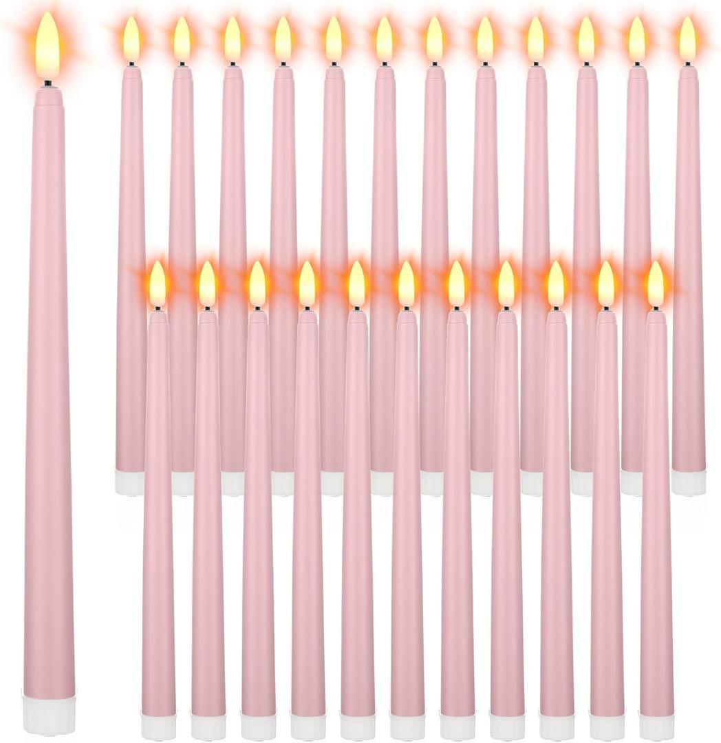Macarrie 24 Packs Flameless Taper Candles Battery Operated Fake 11 Inch Long Candlelight LED Flameless Candlesticks Flickering Tapered for Spring Summer Wedding(Pink)