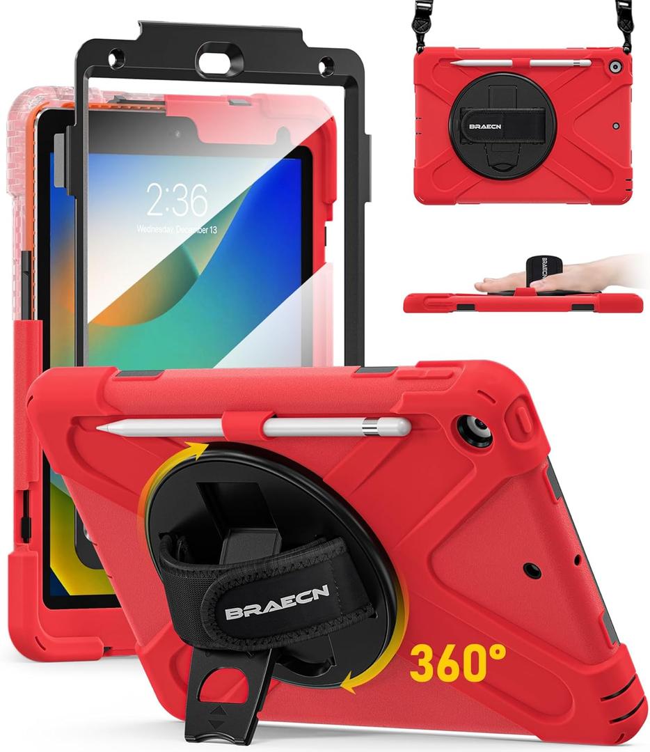 BRAECN for iPad 9th/8th/7th Generation Case,Heavy Duty Shockproof Case with Screen Protector, Pencil Holder, Pencil Cap Holder, Hand Strap, Kickstand,Shoulder Strap for iPad 10.2 Inch 2021/2020/2019 (Red)