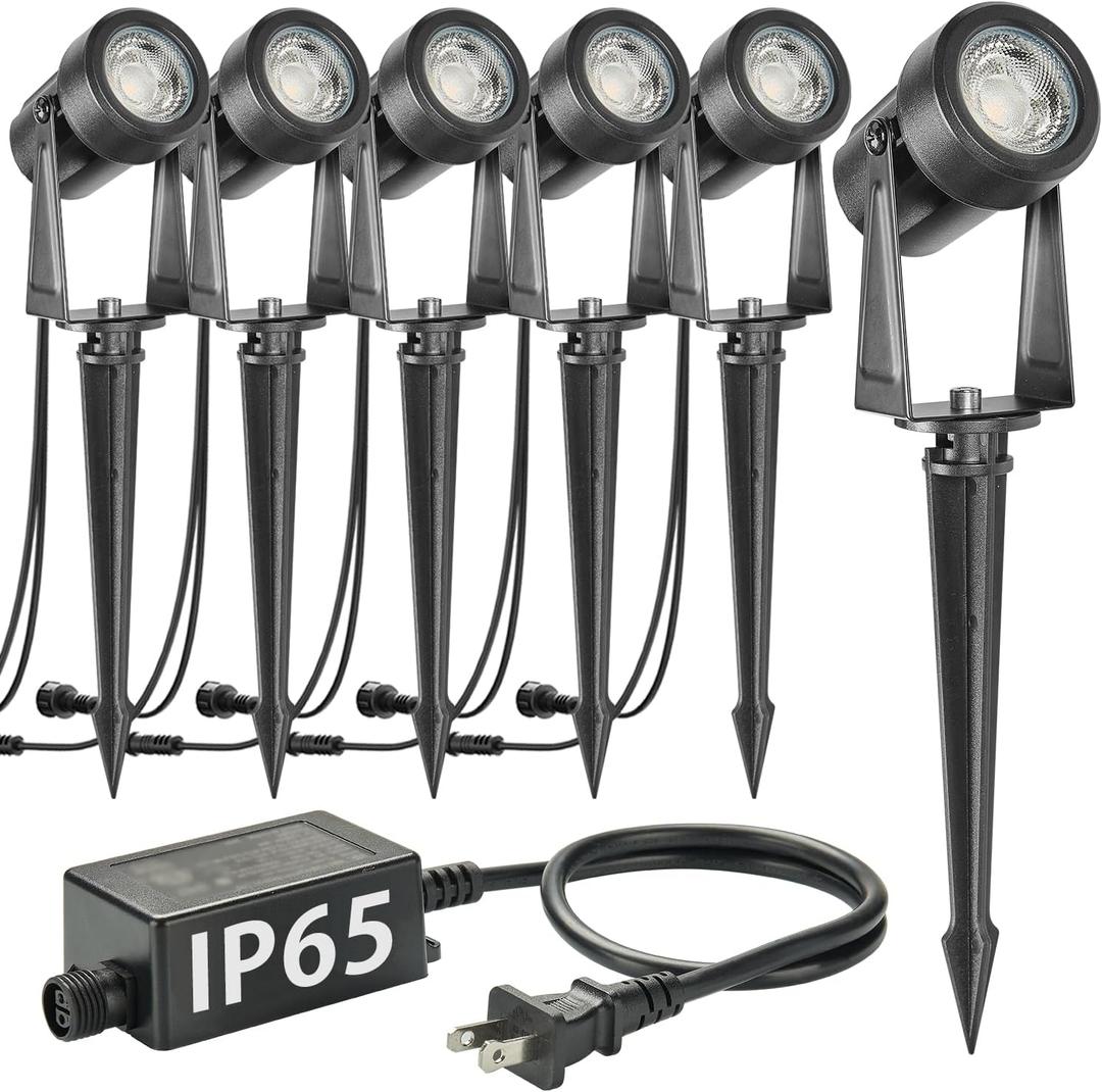 SUNTHIN Outdoor Landscape Lighting, Pack of 6 Outdoor Spot Lights with Transformer for Yard, Plant, Lawn, Tree, Flags, House, Garden, Fence Use, IP65 Waterproof & Connectable (Warm White)