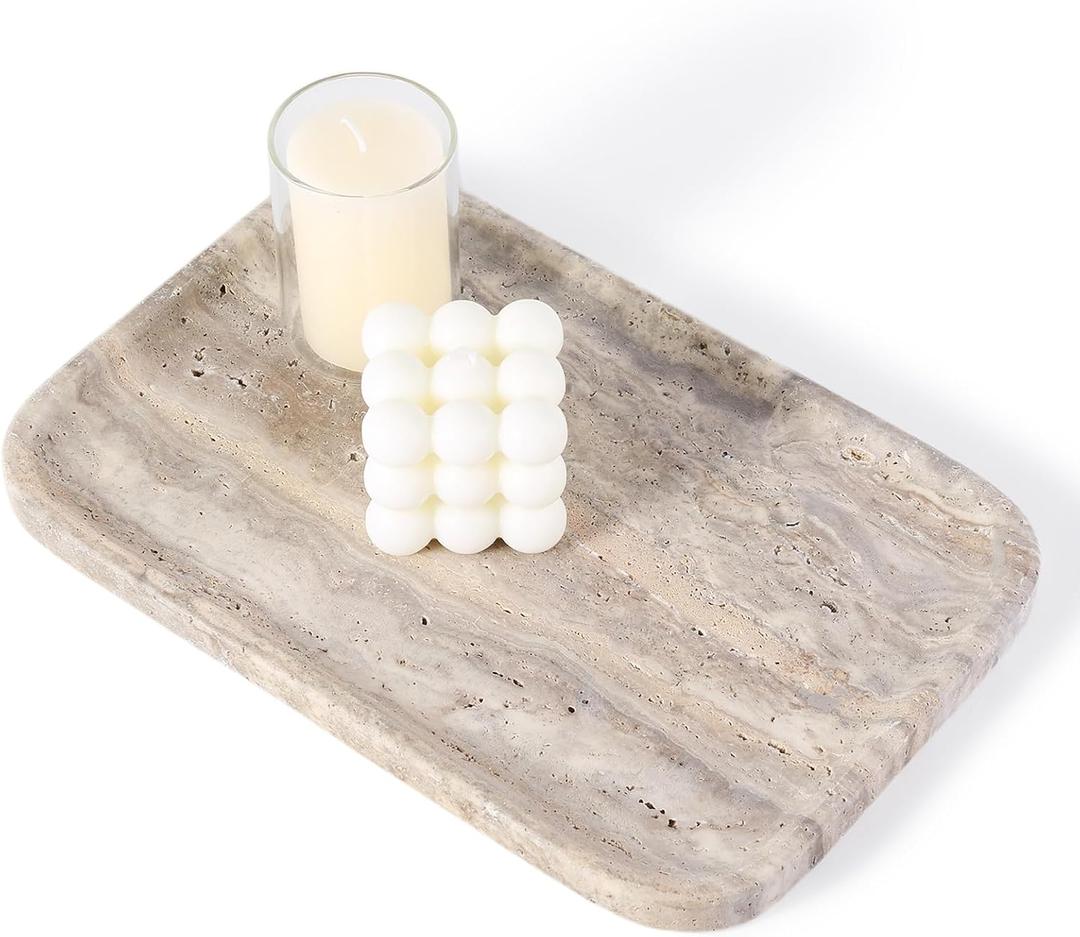 Karibiber Marble Vanity Trays, Travertine Bathroom Tray, Decorative Tray for Dresser Countertop, Grey Stone Serving Holder for Kitchen, Storage Trays for Perfume, Jewelry Candle Organizer