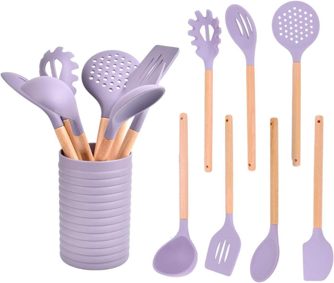 Silicone Kitchen Utensil Set,8 Pieces Cooking Kitchen Utensils Set with with Wooden Handle,Non Stick Silicone Gadgets Utensil Set with Holder,Heat Resistant Cooking Tools Set for Cooking (Purple)