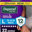 Depend Night Defense Adult Diapers, Incontinence Underwear for Men, Disposable, Overnight, Large, Grey, 22 Count