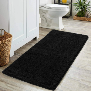Water Absorbent Bathroom Rugs - Black Bath Mat Non-Slip Thick Shaggy Floor Cover Quick Drying Shower Carpet for Toilet Shower Kitchen Gifts, 47" x 24"