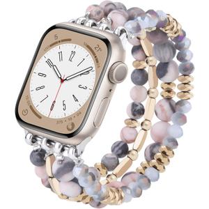 VISOOM Beaded Boho Bracelet Compatible for Apple Watch Band 46/45/44/41mm Series 11 10 9 8 7 SE Series 6/5/4 Women Fashion Cute Handmade Crystal Bead Stretchy Watch Strap for iWatch Bands Series 3/2/1 (Pink Zebra)