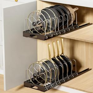 Pull Out Pots and Pans Organizer Under Cabinet, 2 Pack Pots and Pans Organizer, Sliding Lid Holder and Pan Rack in Kitchen, Slide Out inside Cabinet Storage for Pot Lid, Bakeware, Dishes, Black (16.9"Deep)